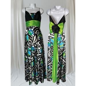 Jovani Empire Waist Sash Bold Geometric Floral Neon Green Accent Long Prom Dress